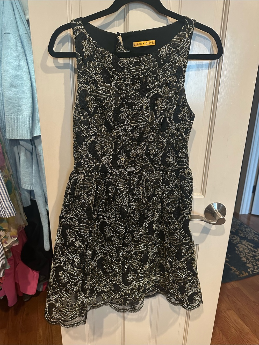 Alice + Olivia Black Dress with White Floral Lace Overlay